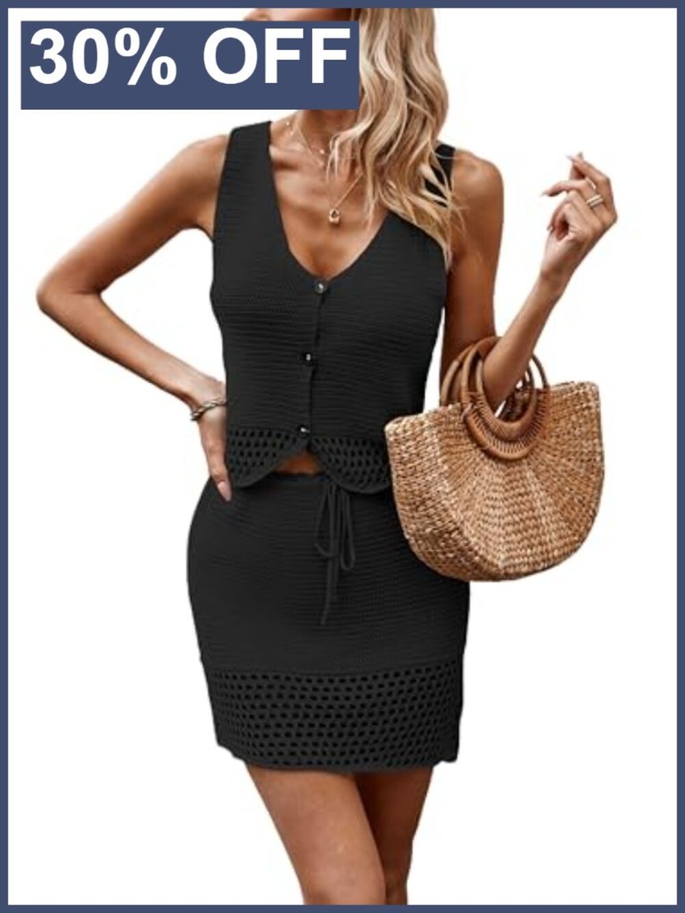 Crochet Knit 2 Piece Skirt Set Button Front Crop Top Vacation Outfit